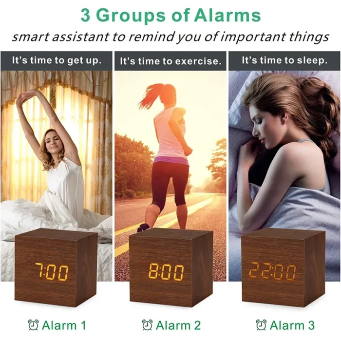 Wooden Digital Alarm Clock with Temperature – Sound Control, USB/AAA Powered LED Bedside Clock - Image 2