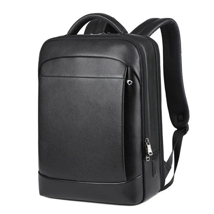 Genuine Leather Laptop Backpack – 15.6 Inch, USB Charging, Anti-Theft, Waterproof, Large Travel Capacity for Men