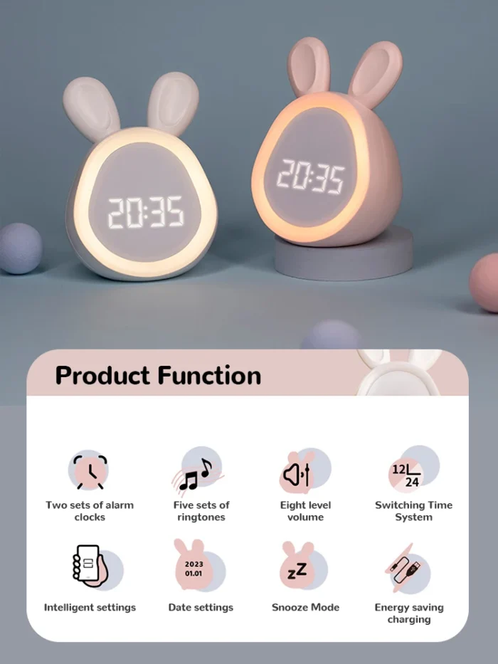 Cute Bunny LED Alarm Clock for Kids | Night Light, Stepless Dimming & Digital Display - Image 5