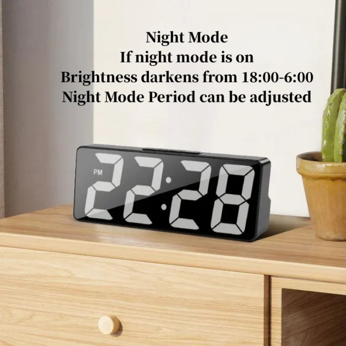 Voice Control Digital Alarm Clock – Temperature, Date, Alarm, Snooze, Night Mode, 12/24H, USB Plug-in Always On LED Table Clock - Image 3