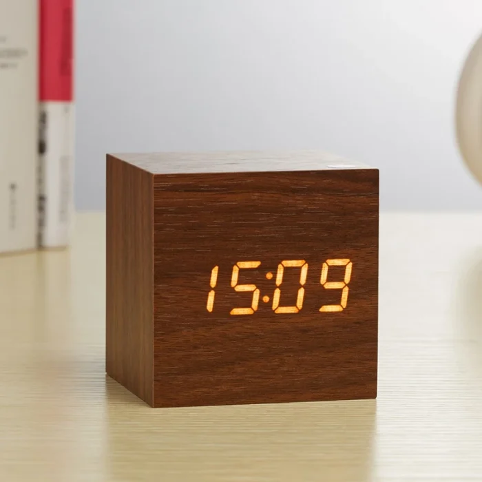 Wooden Digital Alarm Clock with Temperature – Sound Control, USB/AAA Powered LED Bedside Clock - Image 6