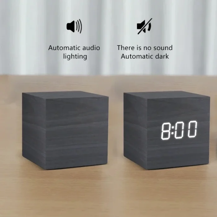 Wooden Digital Alarm Clock with Temperature – Sound Control, USB/AAA Powered LED Bedside Clock - Image 5
