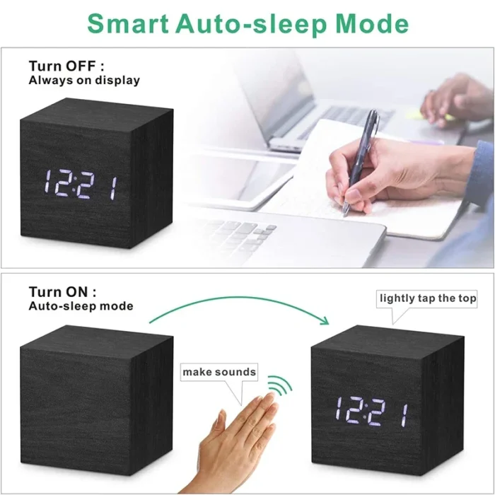 Wooden Digital Alarm Clock with Temperature – Sound Control, USB/AAA Powered LED Bedside Clock - Image 3