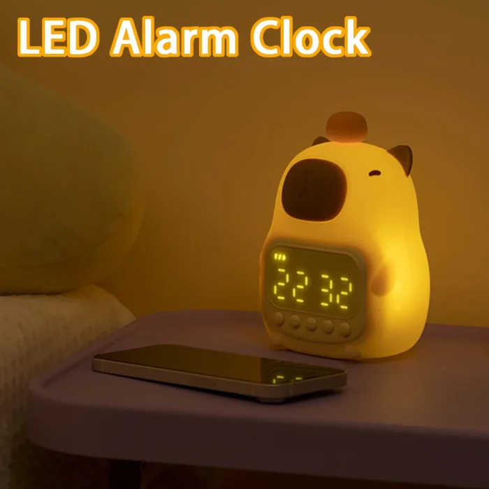 Capybara LED Alarm Clock Kids Bedside Sleep Temperature Display Digital Clock USB Rechargeable Night Light Table Clock Decor
