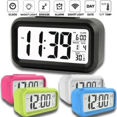 Digital LCD Alarm Clock with Calendar & Thermometer β Compact Desk Clock with Backlight & Snooze
