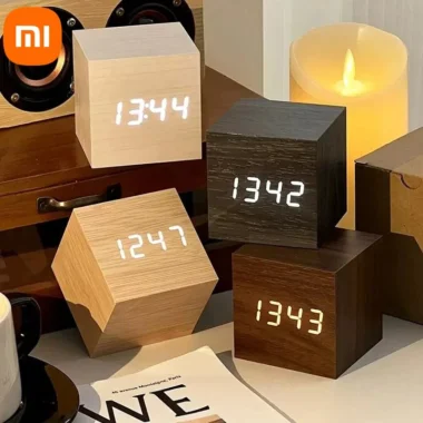 Wooden Digital Alarm Clock with Temperature – Sound Control, USB/AAA Powered LED Bedside Clock